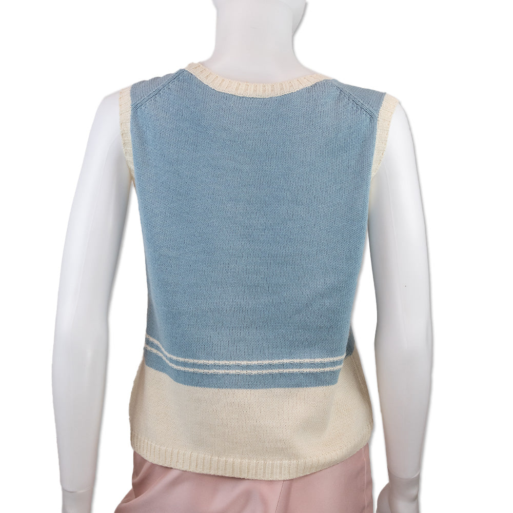 Lanvin Sport Blue Cotton White Flower Accent Knit Sweater Vest