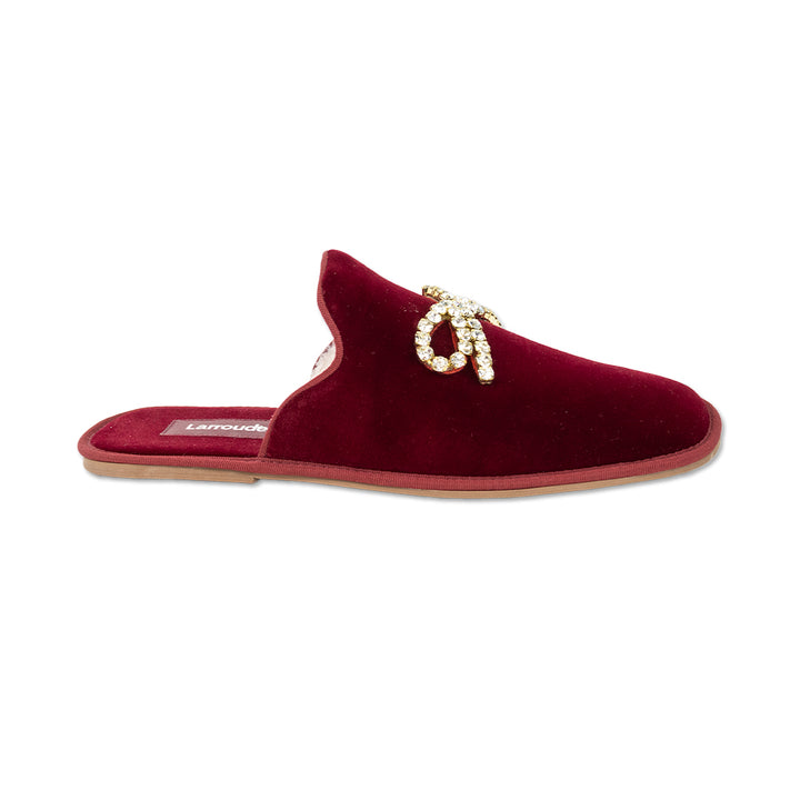 Larroude Crystal Bow Red Velvet Slippers