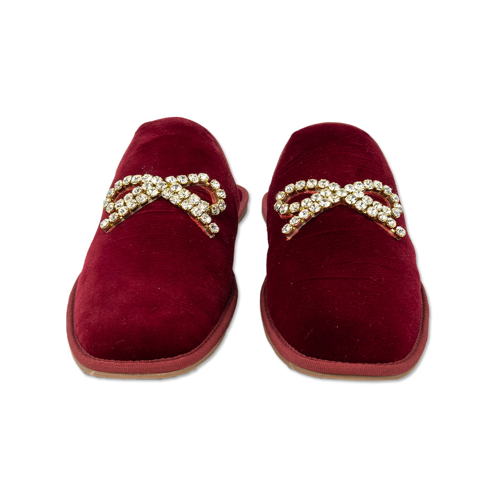 Larroude Crystal Bow Red Velvet Slippers