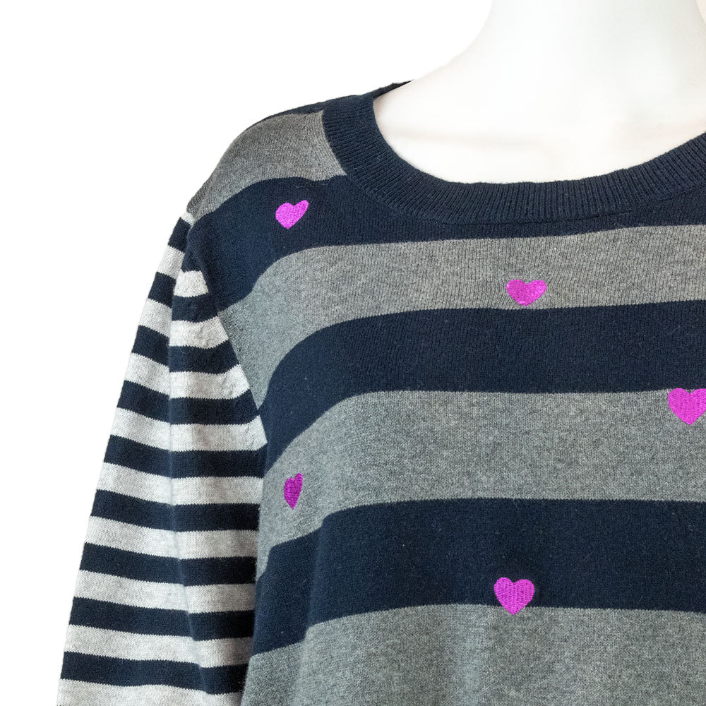 Lisa Todd Striped Long Sleeve Knit with Pink Embroidered Hearts