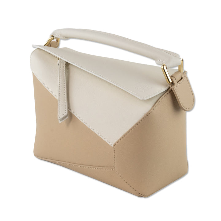 Loewe Small Puzzle Bag in Tan/ White Leather