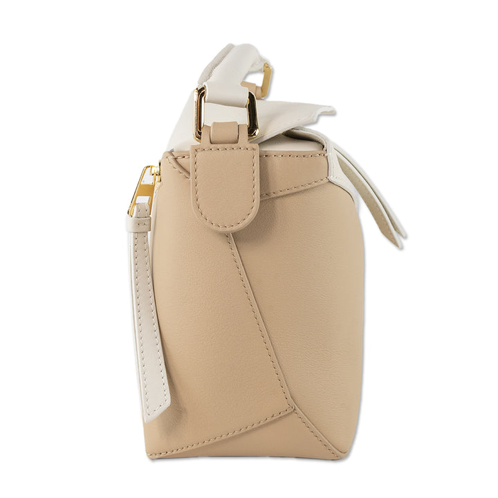 Loewe Small Puzzle Bag in Tan/ White Leather