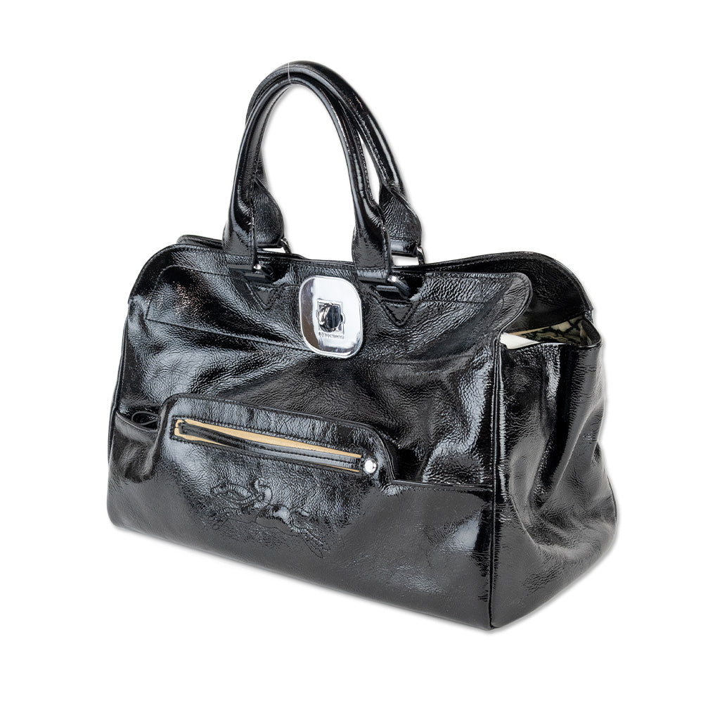 Longchamp Black Patent Leather Top Handle with Animal Print Lining