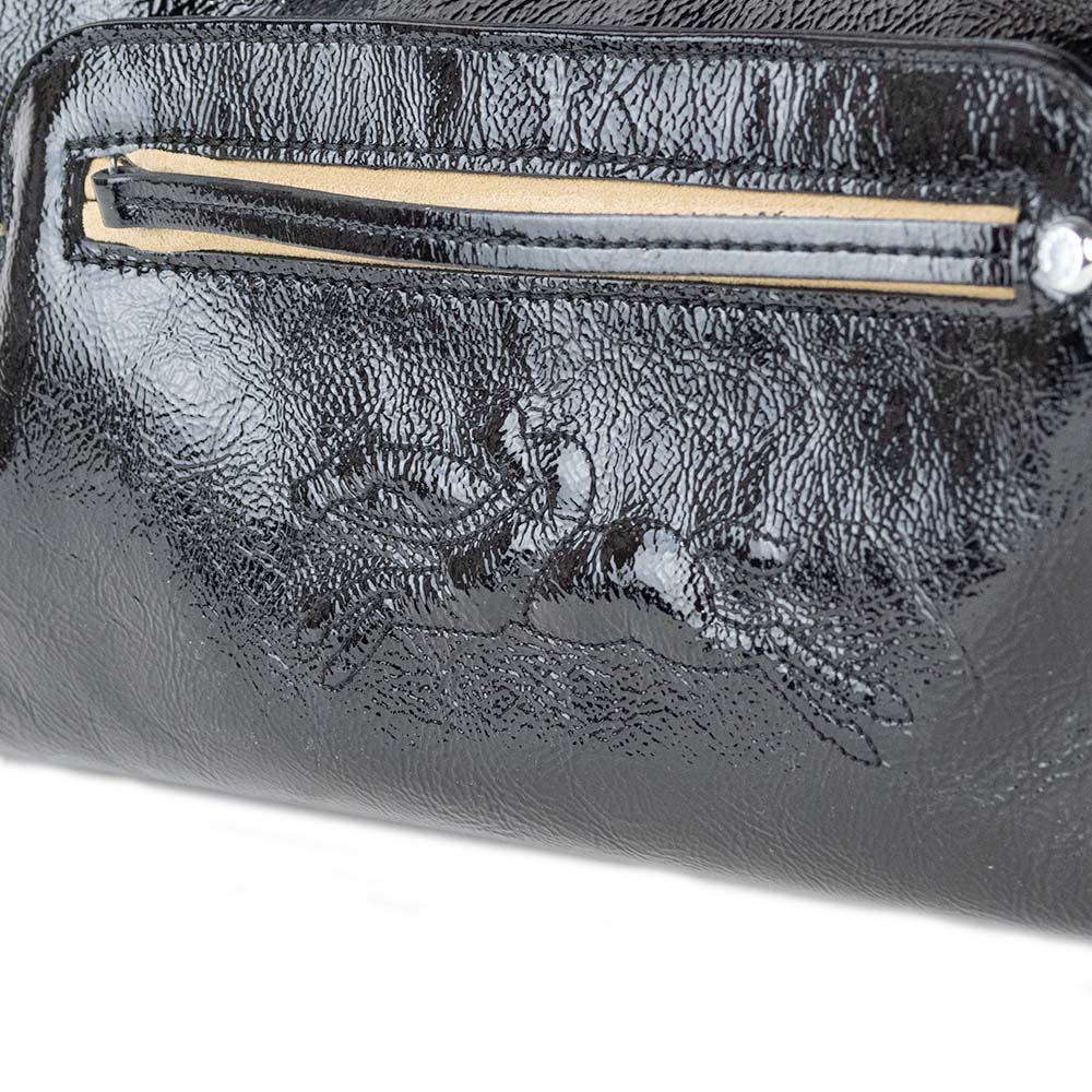 Longchamp Black Patent Leather Top Handle with Animal Print Lining