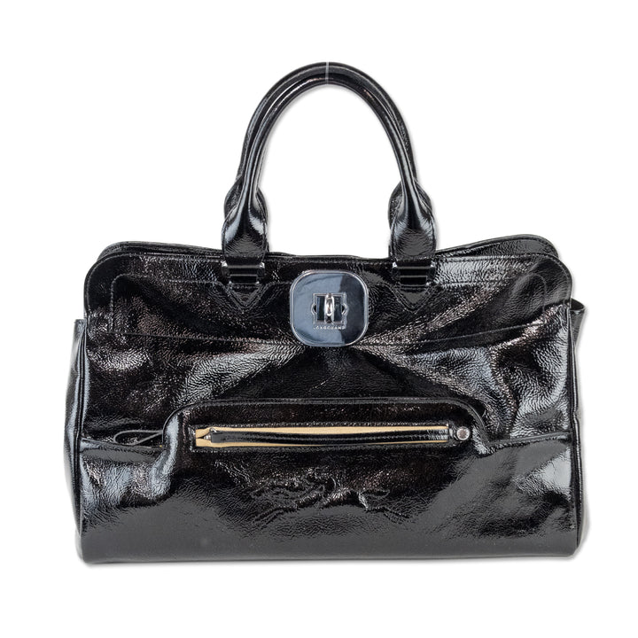 Longchamp Black Patent Leather Top Handle with Animal Print Lining