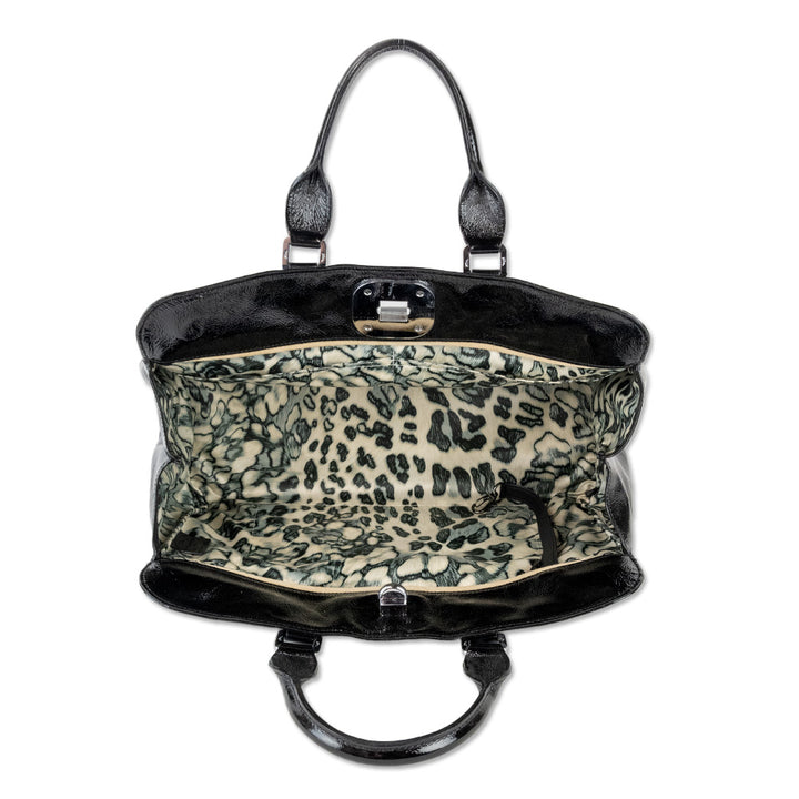 Longchamp Black Patent Leather Top Handle with Animal Print Lining