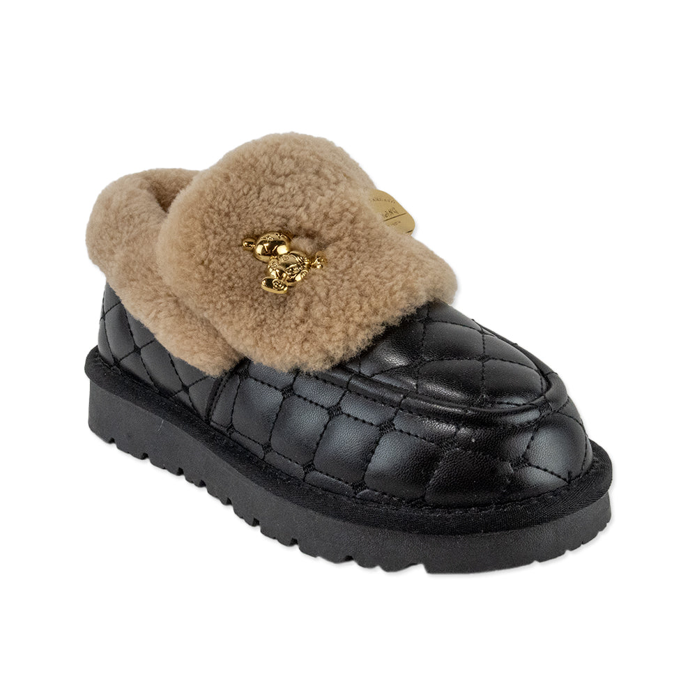 Lonza Black Quilted Leather Loafers with Faux Shearling Trim