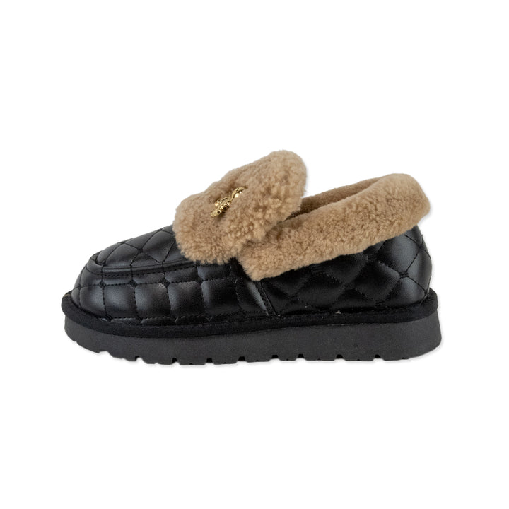 Lonza Black Quilted Leather Loafers with Faux Shearling Trim