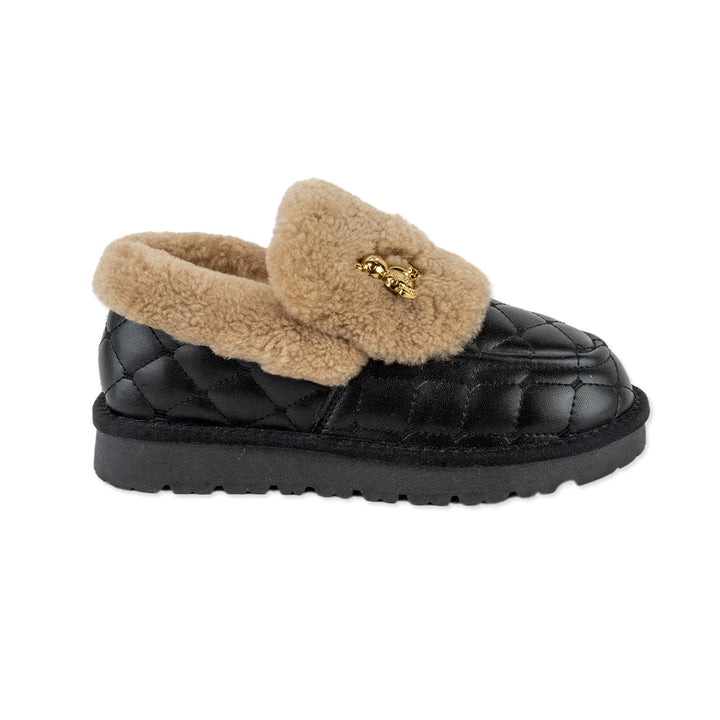 Lonza Black Quilted Leather Loafers with Faux Shearling Trim