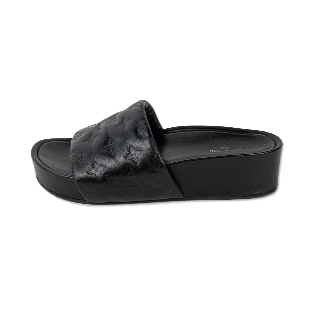 Louis Vuitton Black Lambskin Leather Monogram Slides