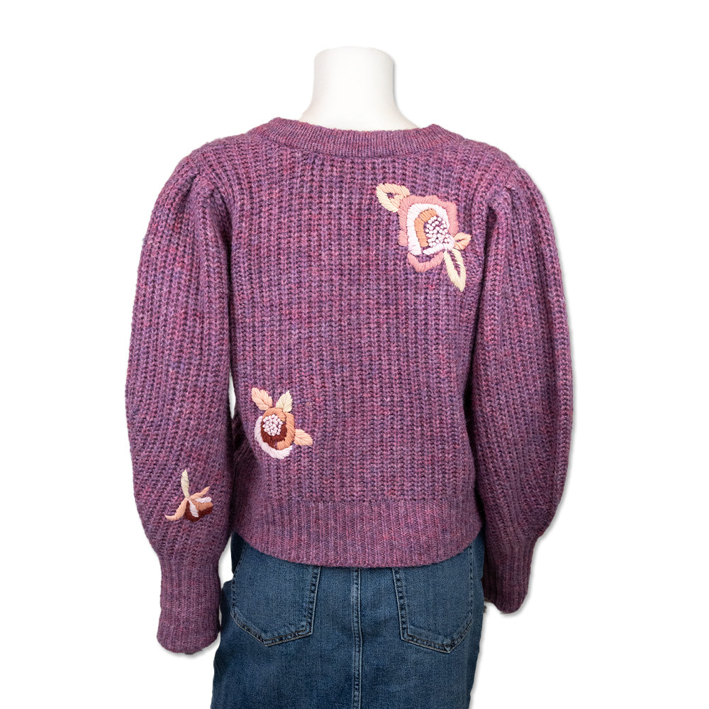 Love Shack Fancy Purple Cable Knit Embroidered Sweater