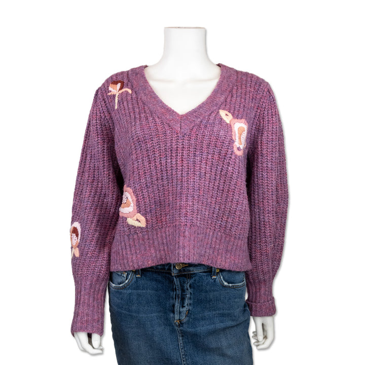 Love Shack Fancy Purple Cable Knit Embroidered Sweater