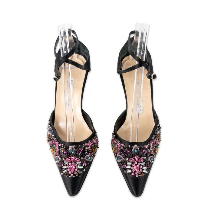 Manolo Blahnik Crystal Embellished Satin Pointed Toe Heels