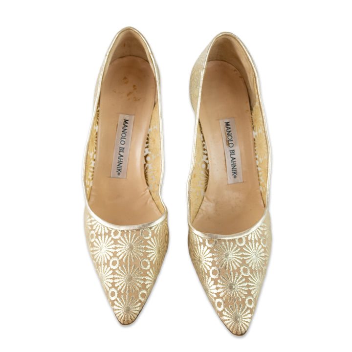 Manolo Blahnik Gold Brocade and Mesh Pointed Toe Pumps