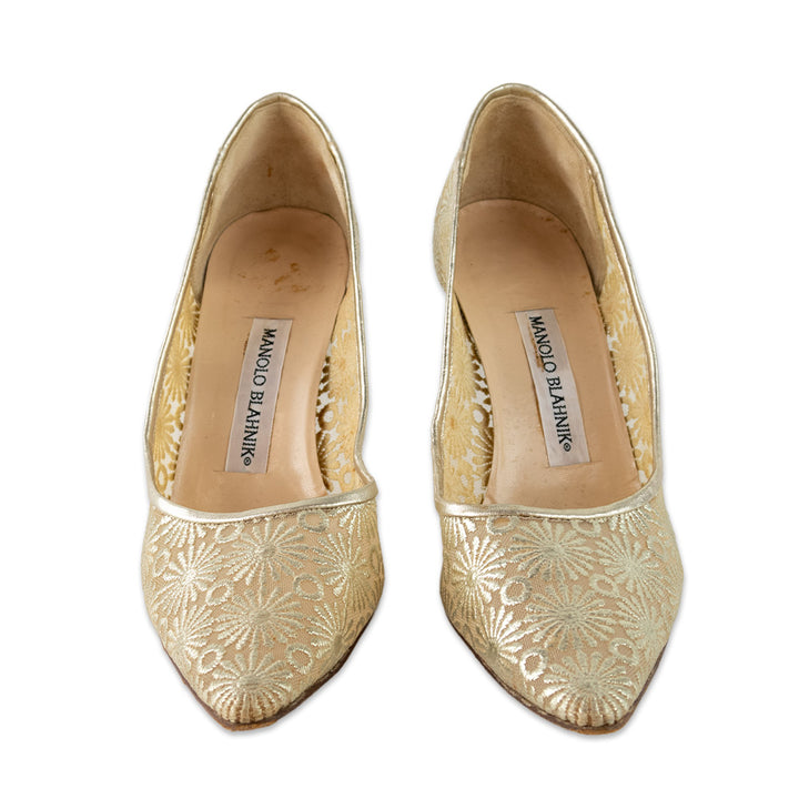 Manolo Blahnik Gold Brocade and Mesh Pointed Toe Pumps