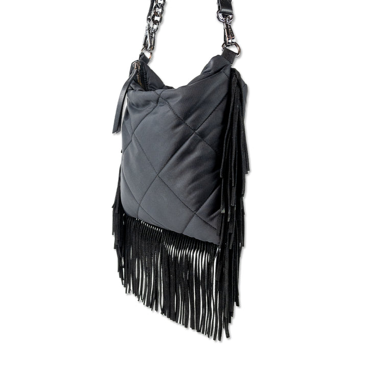 MZ Wallace Black Nylon Quilted Suede Fringe Madison Flat Crossbody