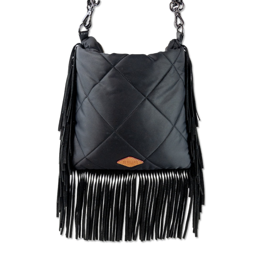 MZ Wallace Black Nylon Quilted Suede Fringe Madison Flat Crossbody