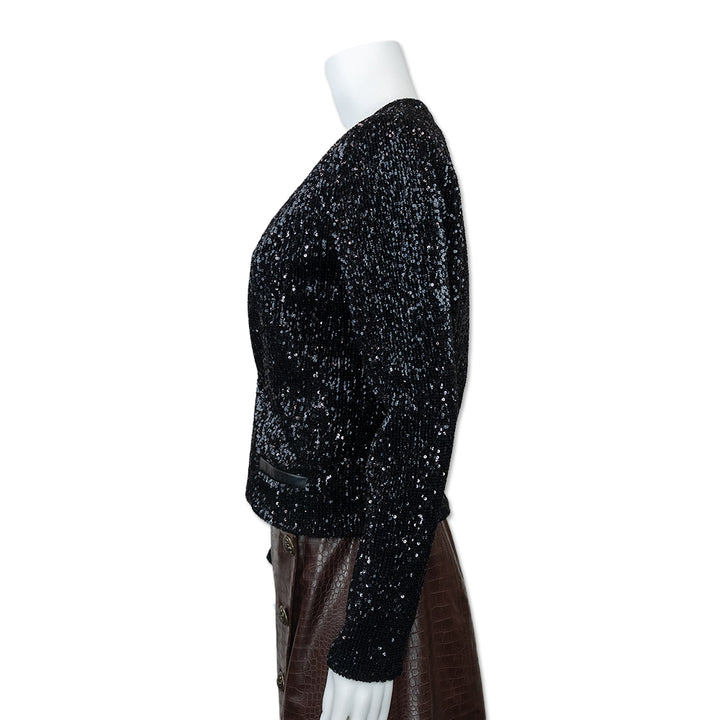 Maje Long Sleeve V Neck Black Sequin Cropped Jacket