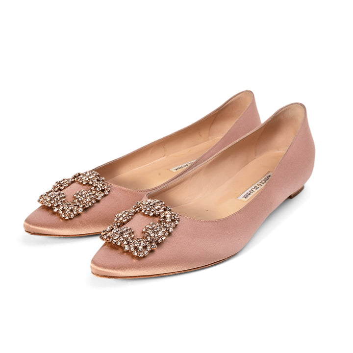 Manolo Blahnik Hangisi Blush Satin Flats