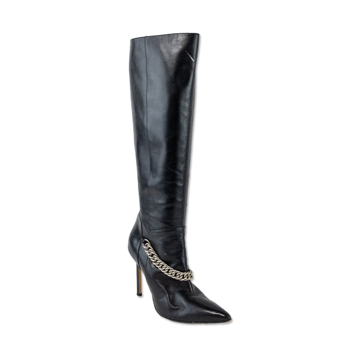 Manolo Blahnik Black Leather Chain Knee High Boots