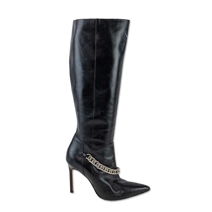 Manolo Blahnik Black Leather Chain Knee High Boots