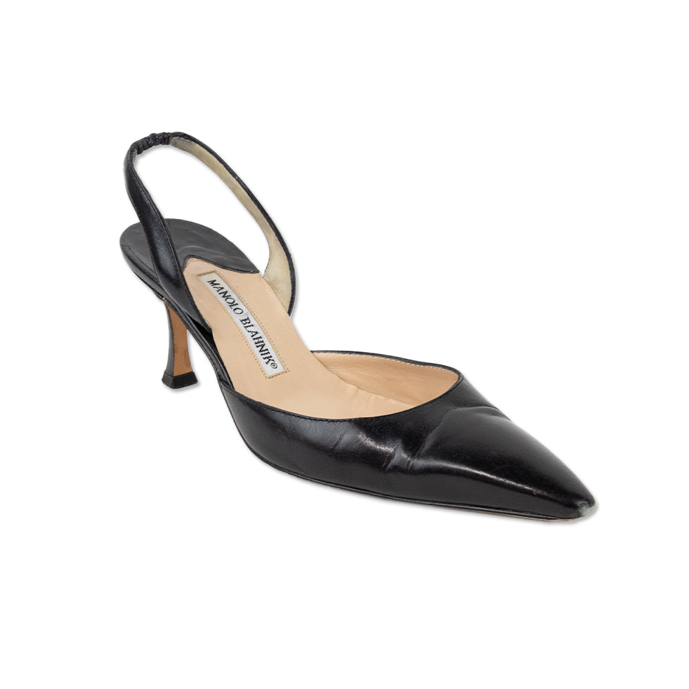 Manolo Blahnik Black Leather Pointed Toe Slingback Kitten Heels