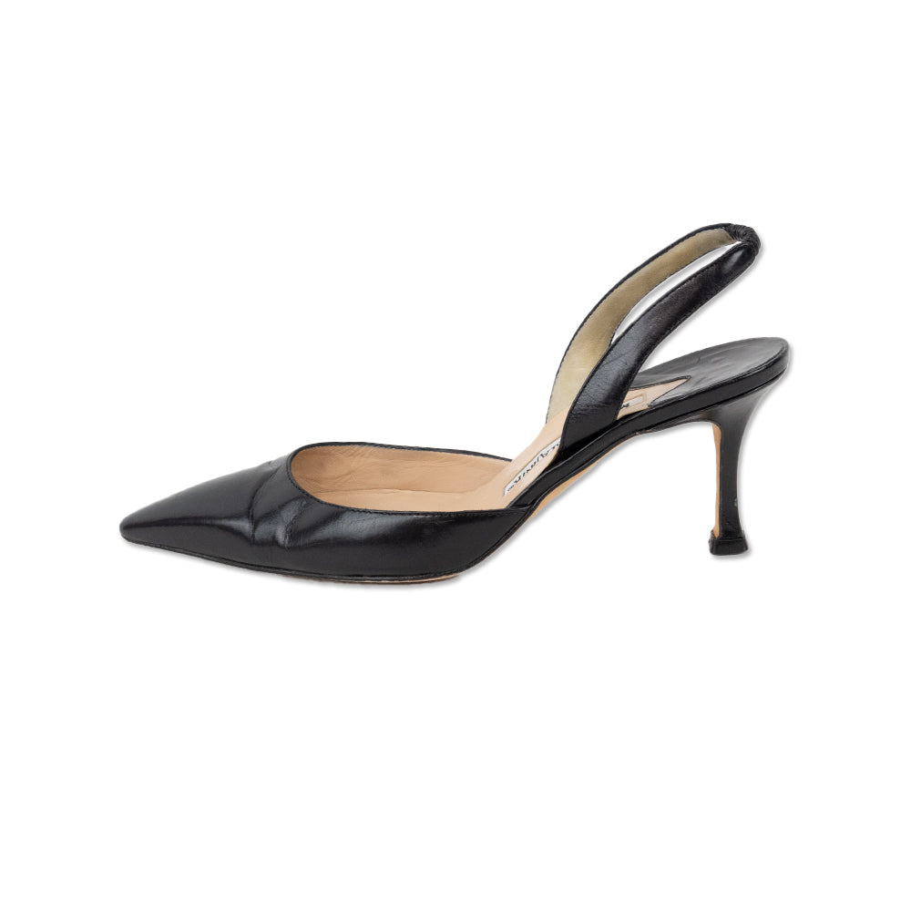 Manolo Blahnik Black Leather Pointed Toe Slingback Kitten Heels