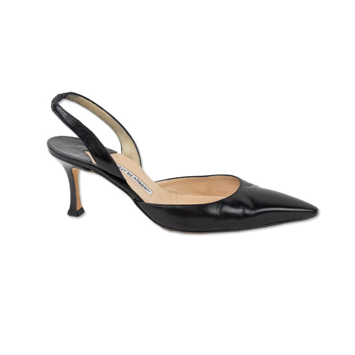 Manolo Blahnik Black Leather Pointed Toe Slingback Kitten Heels