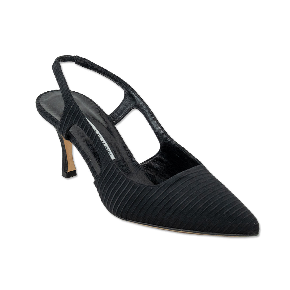 Manolo Blahnik Black Ribbed Satin Slingback Pumps