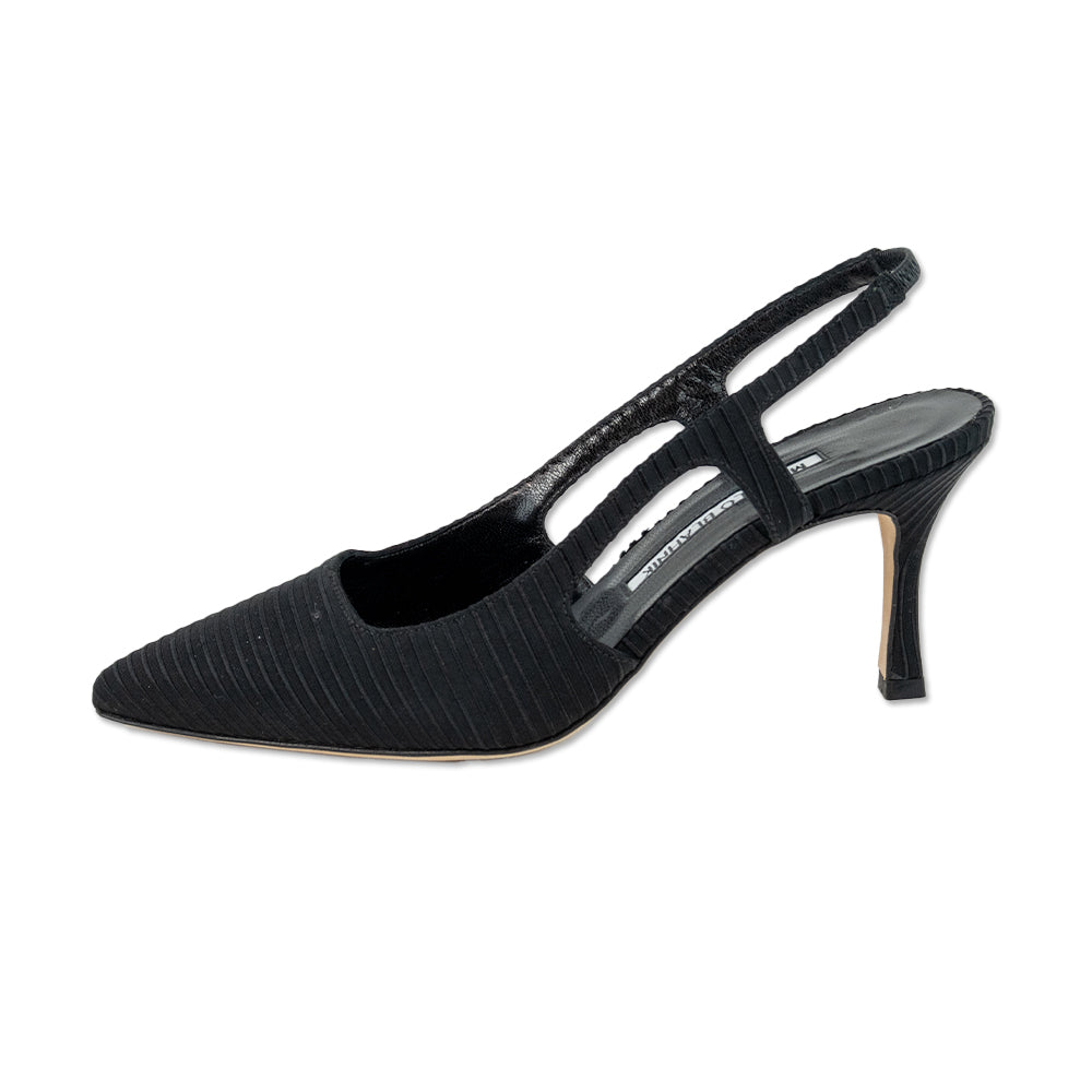 Manolo Blahnik Black Ribbed Satin Slingback Pumps