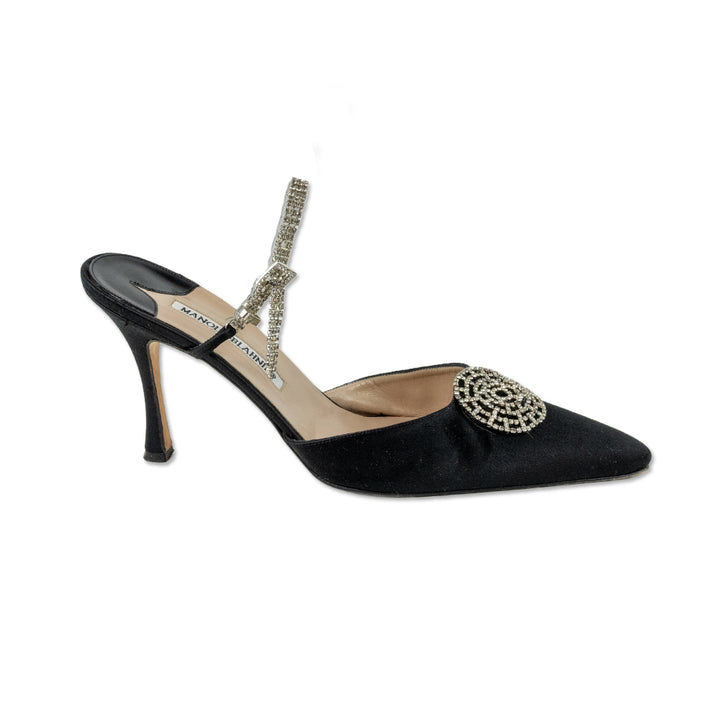 Manolo Blahnik Black Satin Crystal Buckle Slingback Pumps