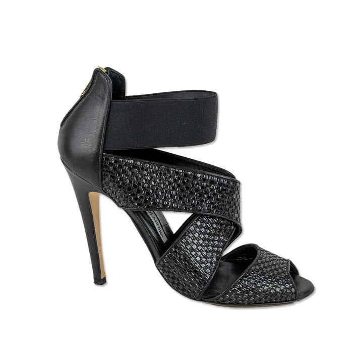 Manolo Blahnik Black Woven Ankle Sandals