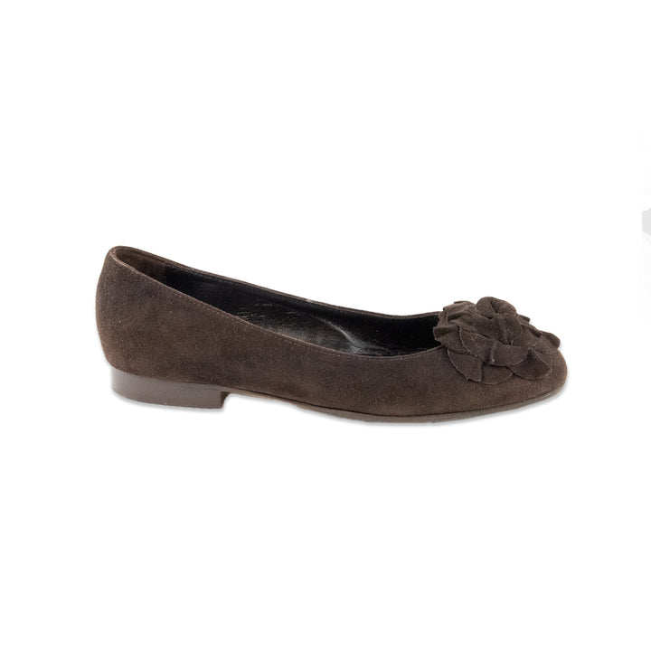 Manolo Blahnik Brown Suede Round Toe Ballet Flats with Flower