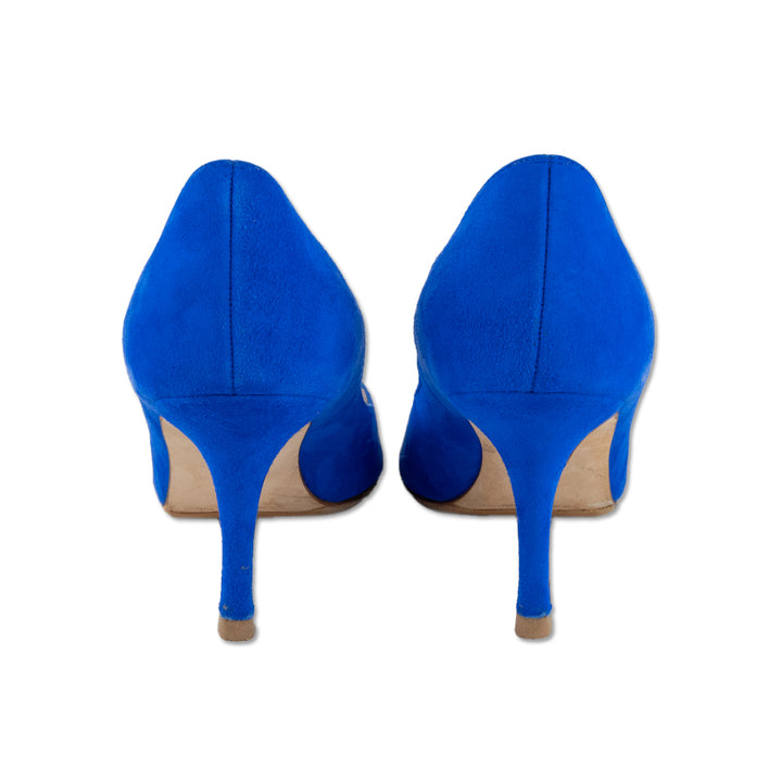 Manolo Blahnik Cobalt Blue Suede Peep Toe Heels