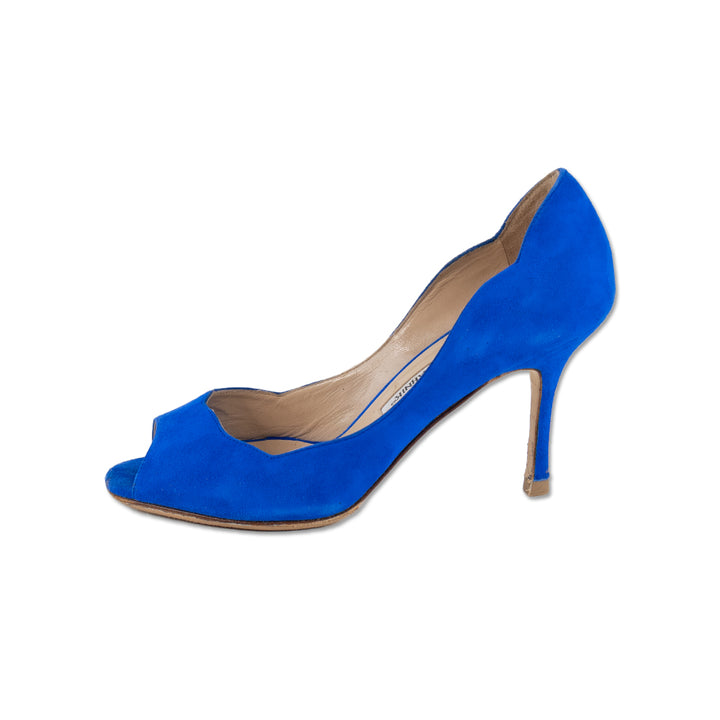 Manolo Blahnik Cobalt Blue Suede Peep Toe Heels