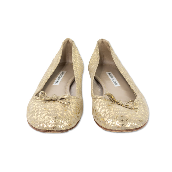 Manolo Blahnik Gold Metallic Printed Ballet Flats