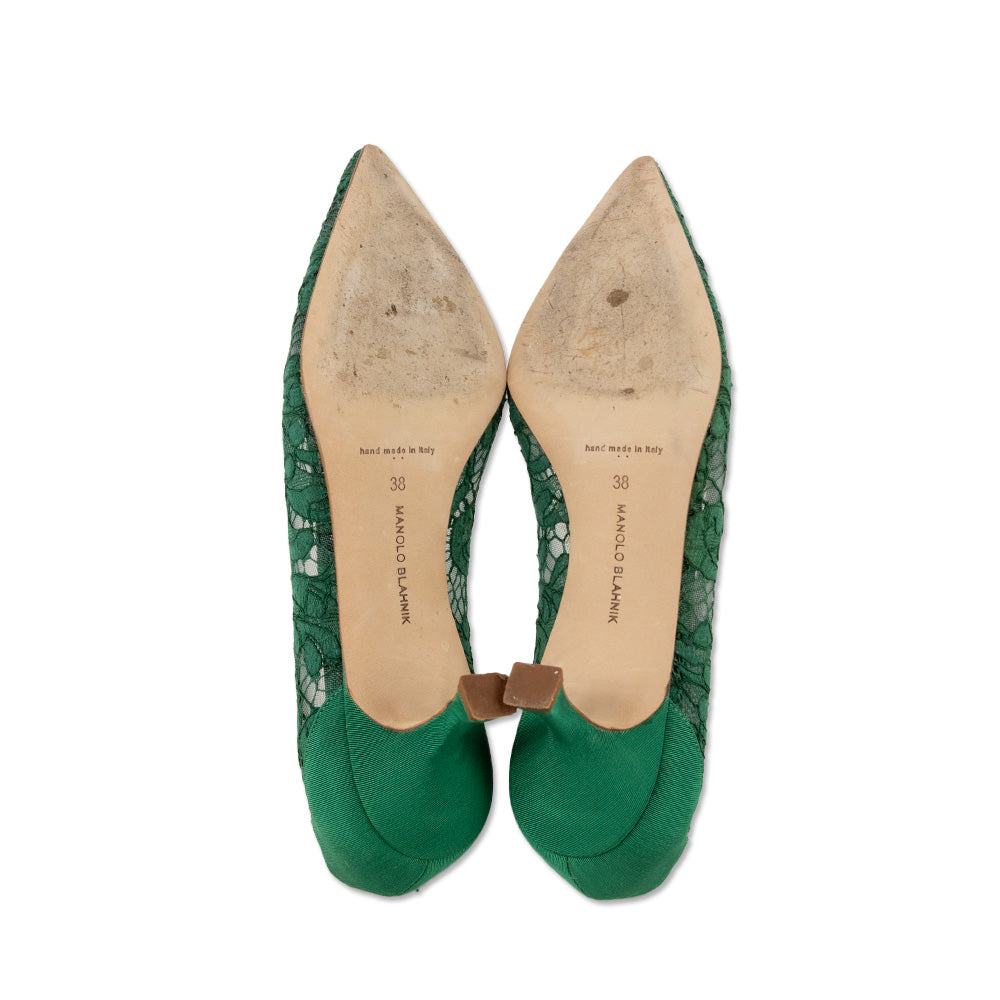 Manolo Blahnik Green Lace Kitten Heel Pumps