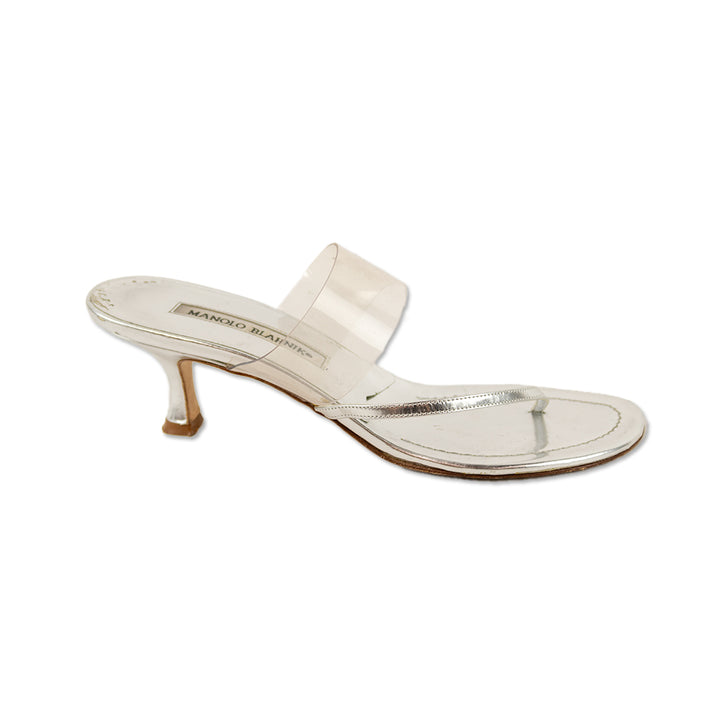 Manolo Blahnik Metallic Silver Leather PVC Sandals