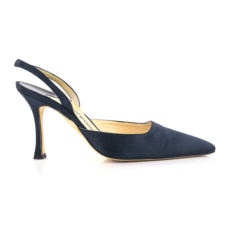 Manolo Blahnik Navy Satin Slingback Pumps