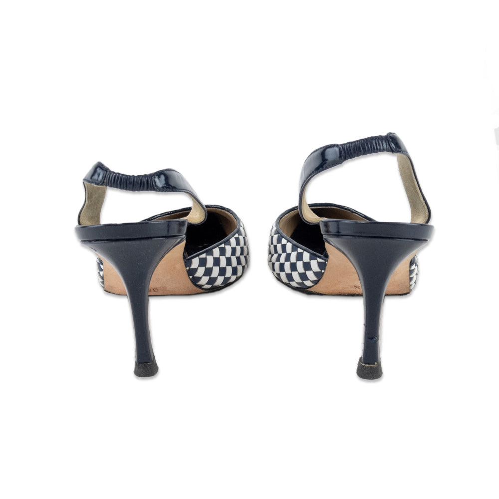 Manolo Blahnik Navy and White Checkered Leather Kitten Heels