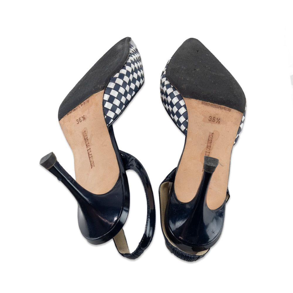 Manolo Blahnik Navy and White Checkered Leather Kitten Heels