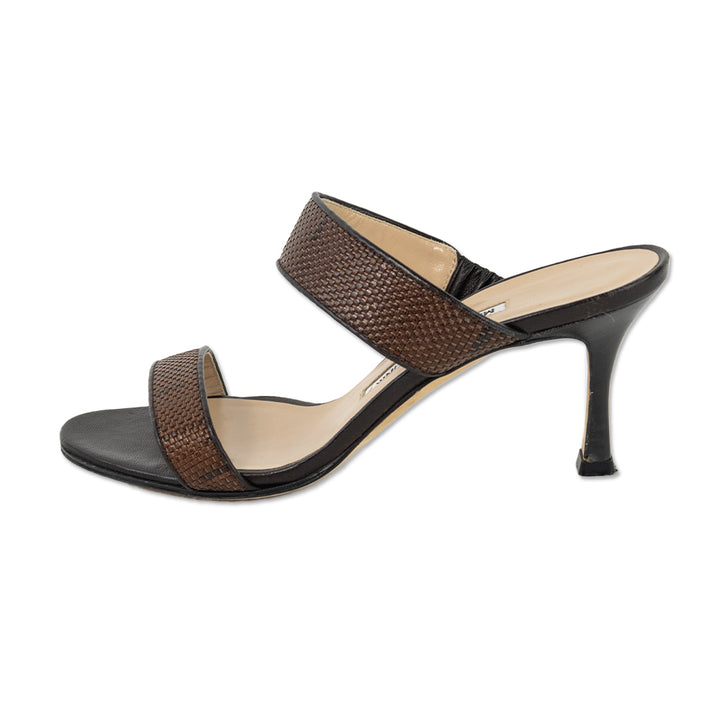 Manolo Blahnik Brown Woven Kitten Heel Sandals