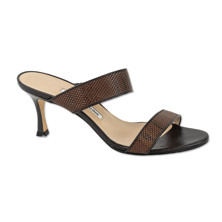 Manolo Blahnik Brown Woven Kitten Heel Sandals