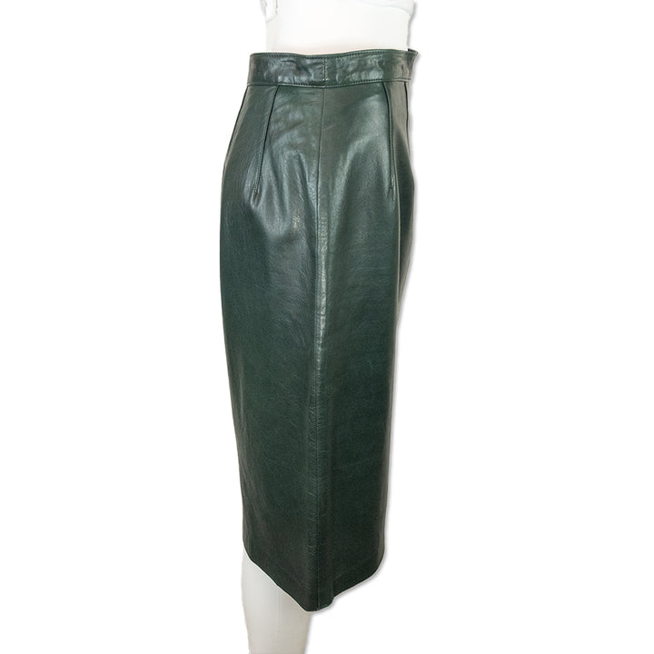 Maxima Dark Green Leather Midi Pencil Skirt