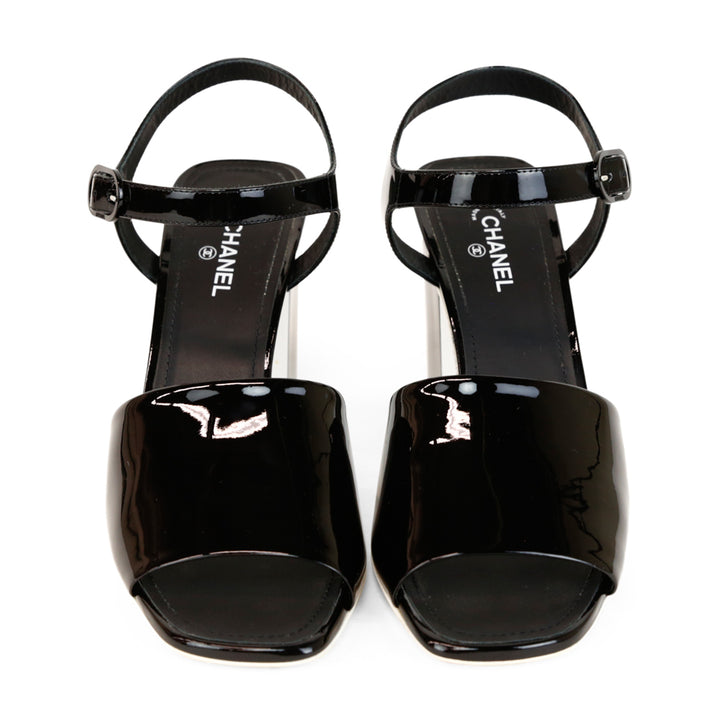 Chanel Black 
White Patent Leather Block Heel Sandals