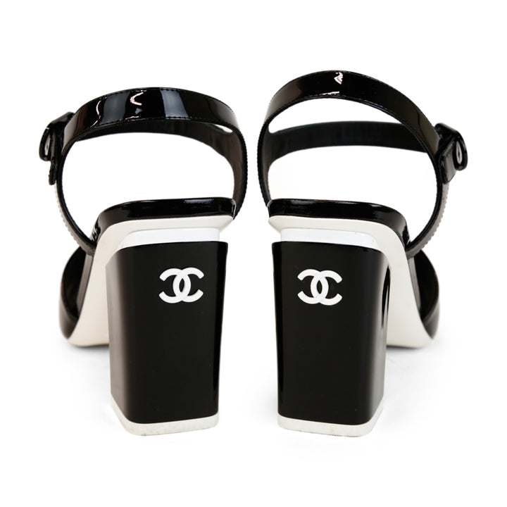 Chanel Black 
White Patent Leather Block Heel Sandals