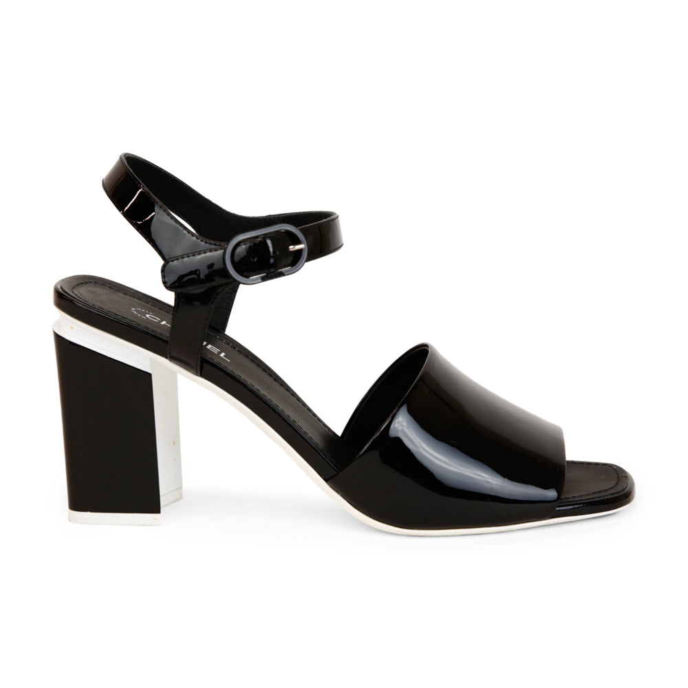 Chanel Black 
White Patent Leather Block Heel Sandals