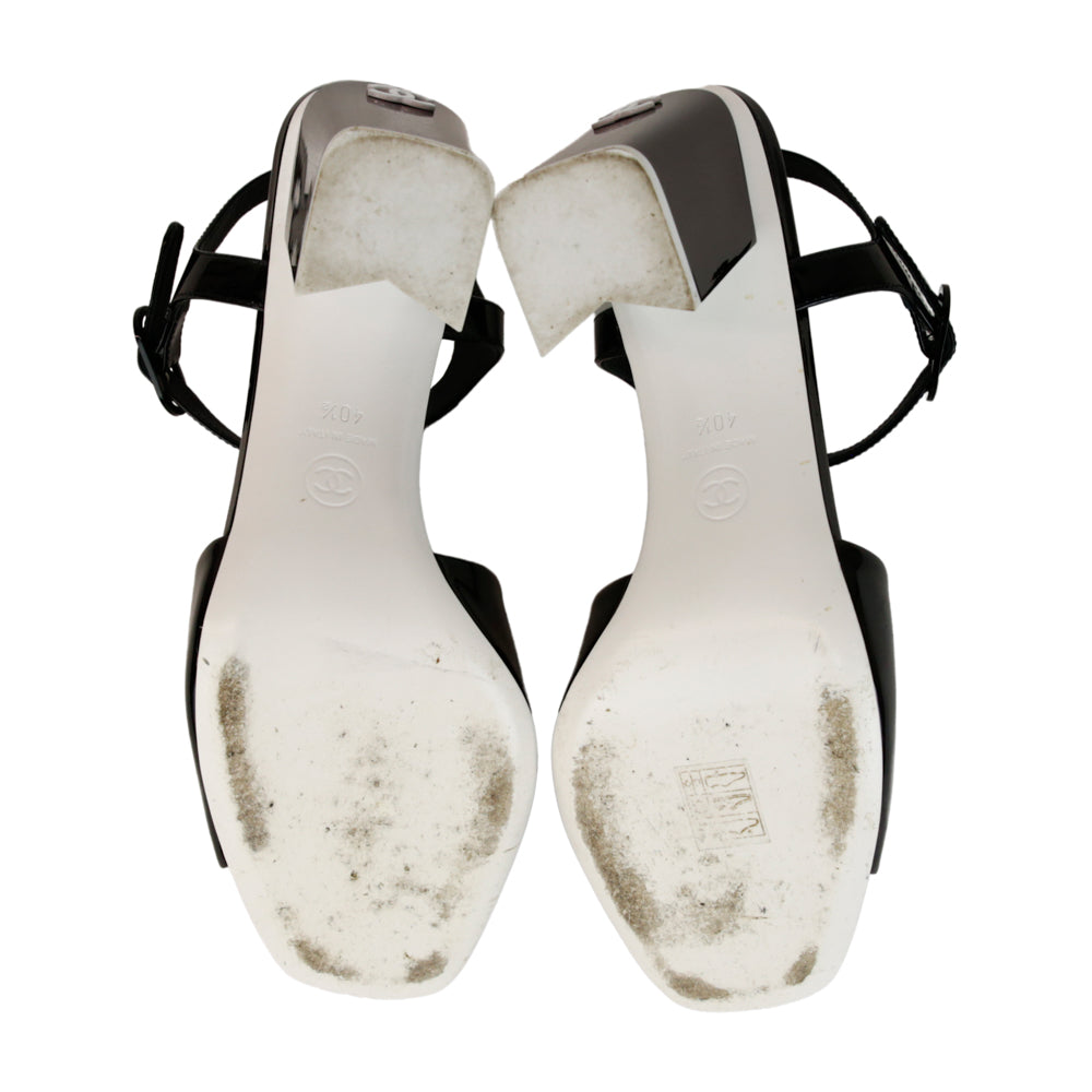 Chanel Black 
White Patent Leather Block Heel Sandals