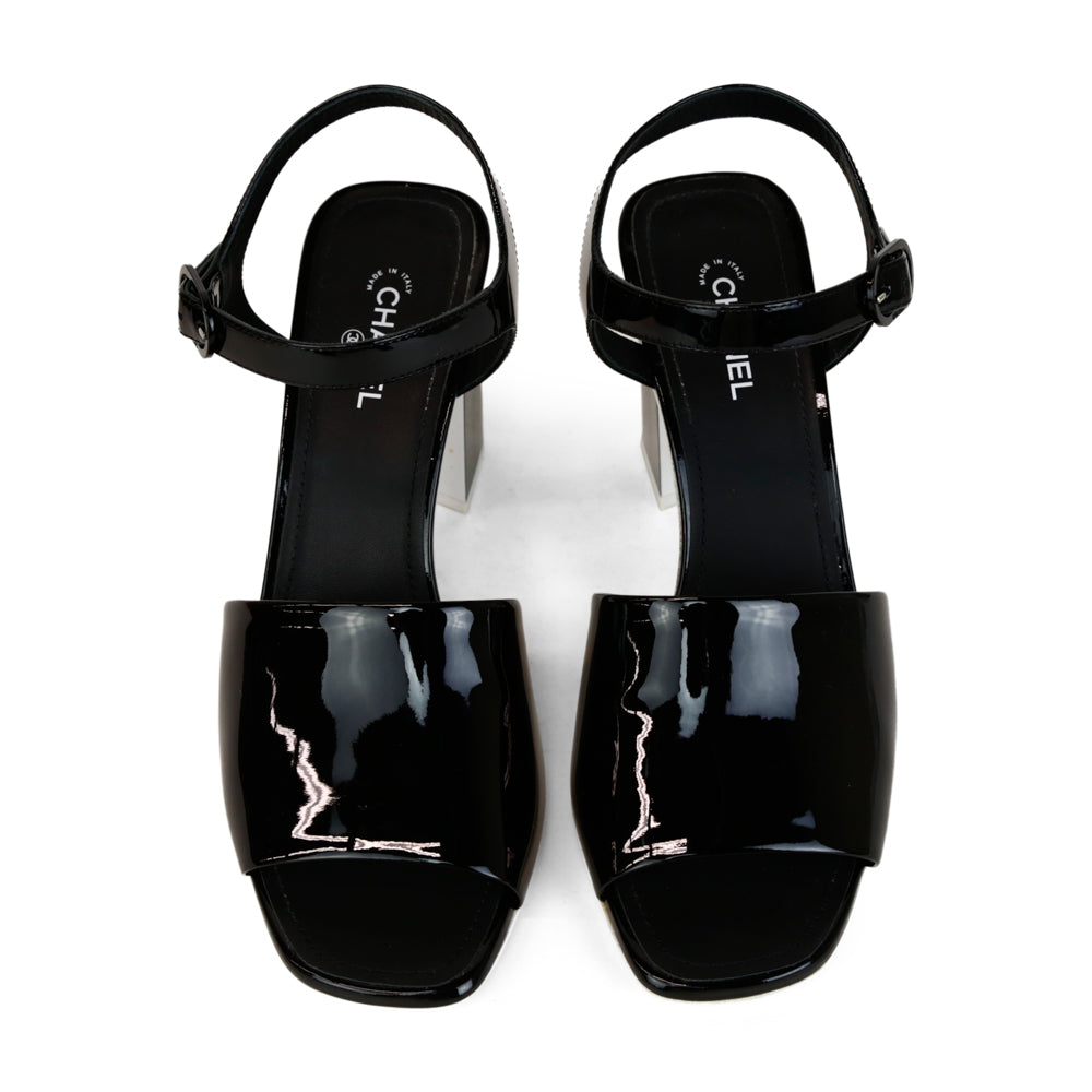 Chanel Black 
White Patent Leather Block Heel Sandals