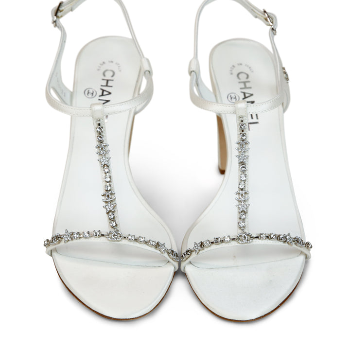 Chanel White Satin Crystal Embellished T-Strap Sandals